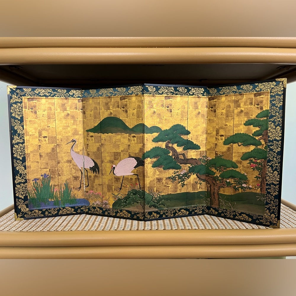 Japanese Miniature Cardboard Red Crowned Crane   Folding Screen used